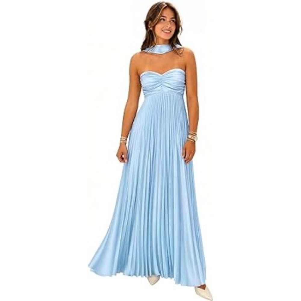Women's Size Medium Strapless Maxi Dress Plisse Pleated Light Blue Corset Back